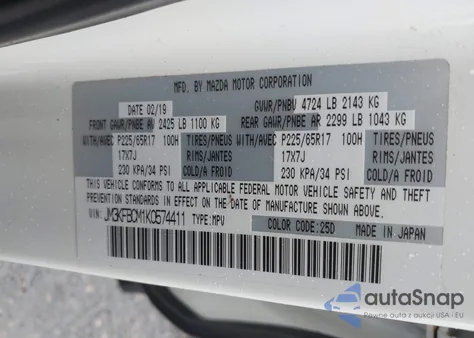 2019 Mazda Cx-5 Touring z USA, uszkodzony, nr VIN JM3KFBCM1K0574411